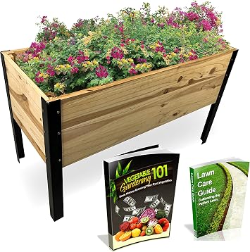 Wooden Raised Planter Box with Steel Legs-Elevated Outdoor Patio Garden Bed Kit to Grow Vegetables -Natural Rot Resistant Wood - 35.5'' W x 15.5'' L x 21.7'' (Tall) - Backyard Expressions (911214-NW)