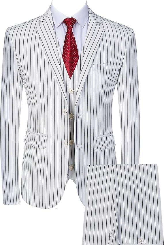 Mens 3 Piece Pinstripe Suit Slim Fit Casual Dress Suits Blazer + Vest + Pants