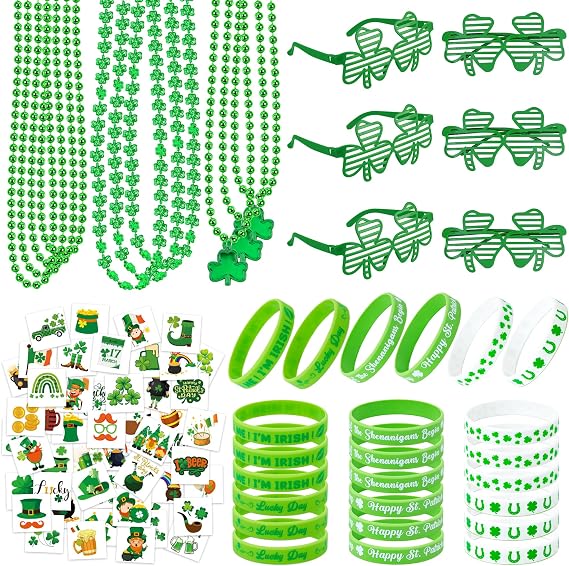 EOBOH 140PCS St Patricks Day Accessories, St. Patrick's Day Glasses Bracelets Tattoos Beads, Irish Glasses Bracelets Tattoos Beads Stuff Bulk, Shamrock Saint Patricks Parade Throw Party Favor Decor
