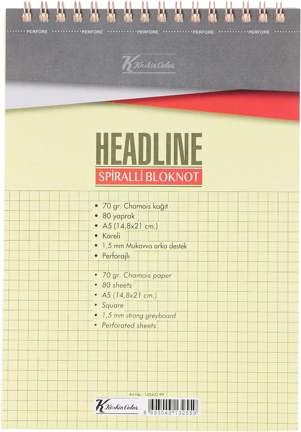 Sharp Color A5 Checkered Cardboard Cover 80 Yp. Spiral Headline Notepad