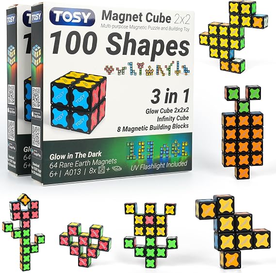 TOSY Magnet Cube 2x2 - 8 Blocks, 2 in 1 Toy: 2x2x2 Puzzle Cube and Customizable Infinity Cube, Glowing, UV Flashlight, Fidget/STEM/STEAM Magnet Tiles Birthday Gift for Kids/Teens/Adults, 2-Pack