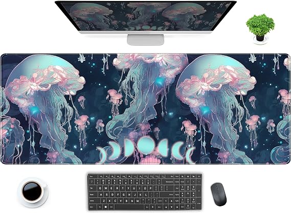 Anime Denizanası Masa Matı Neon Mavi XL Büyük Genişletilmiş Oyun Mouse Pad Sevimli Okyanus Ay Paspasları Bilgisayar Dizüstü Bilgisayar Klavye Mouse Mat Masa Pedi 80 x 30 cm, Dikişli Kenarları Olan