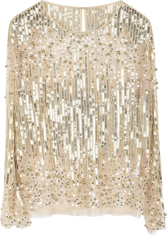PrettyGuide Women's Sequin Blouse See Through Party Tops Beaded Sparkly Shirts