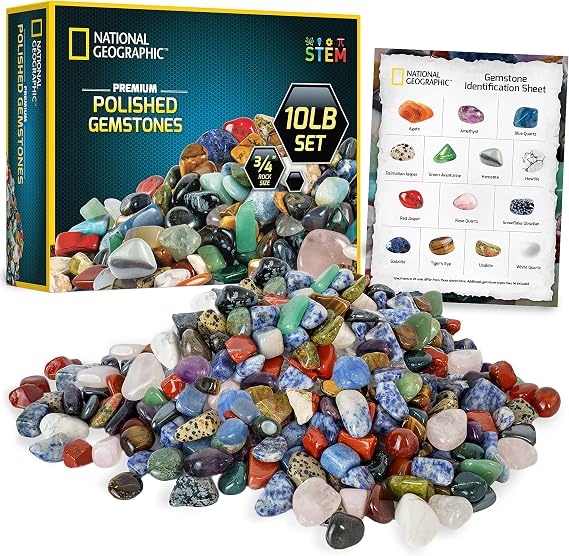 National Geographic Polished Stones and Crystals 10 Lb. Bulk Collection | 10 Lbs. of 3/4-Inch Tumbled Stones, Real Rocks and Crystals, Bulk Craft Supplies, Rock Collection, Geology Activity