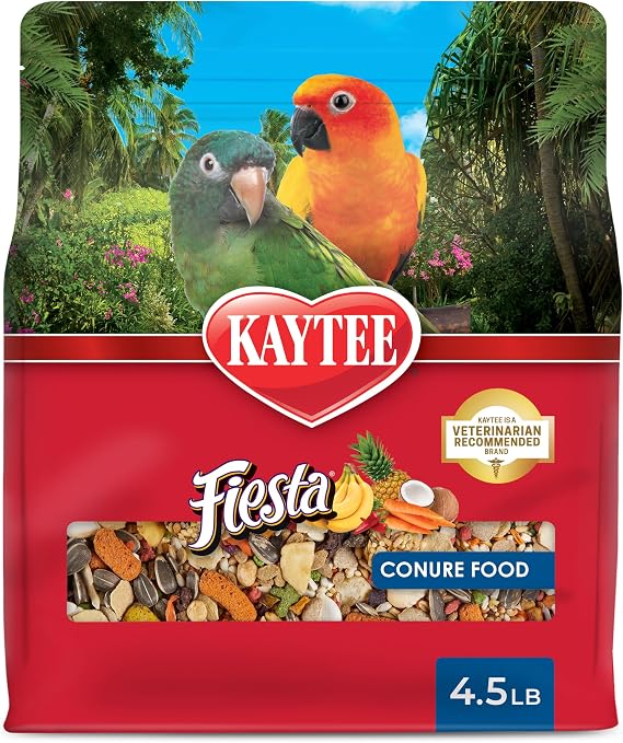 Kaytee Fiesta Conure Bird Food, Nutritious Fun Blend, 4.5 Pounds | Parrot food for foraging fun. Blend with grains, seeds, fruits and vegetables. Bird feed, omega-3s, probiotics