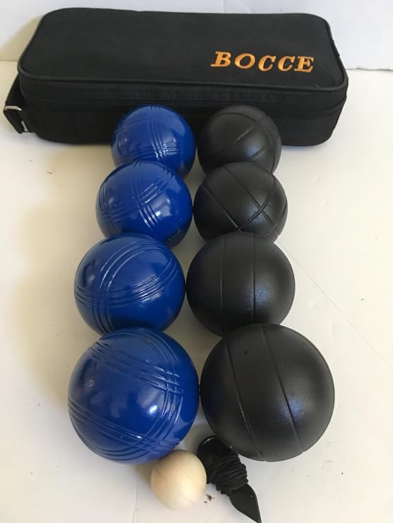 BuyBocceBalls Listing -73mm Metal Bocce and Petanque 8 Ball Set with 4 Blue and 4 Black Balls and Black Bag