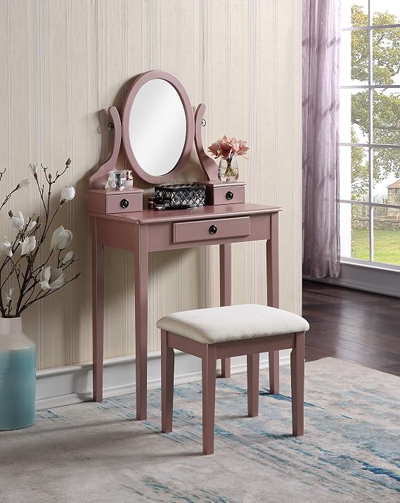 Kaimei Moniya Rose Gold Vanity Table Set with Swivel Mirror and 3 Drawers, Makeup Vanity Desk with Stool