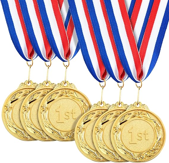 Juvale 1st Place Medals - 2.5" Dia, Gold, Pack of 6 with 16" First Place Ribbon - Gold Medals for Awards & Sports Tournaments - Soccer & Baseball Prizes & Relay Race Prizes