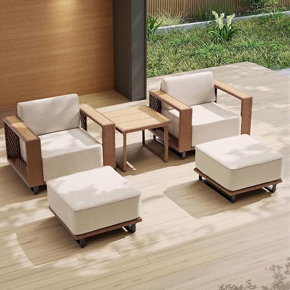 5-Piece Patio Furniture Set with Ottomans, Light Gray Cushions