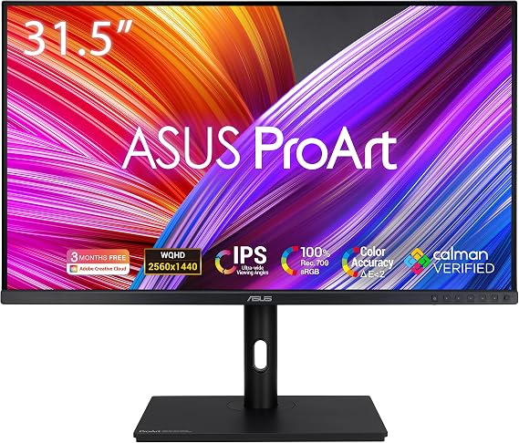 ASUS ProArt Display PA328QV Professional Monitor – 31.5-inch, IPS, WQHD (2560 x 1440), 100% sRGB, 100% Rec.709, Color Accuracy ΔE < 2, Calman Verified, Ergonomic, Black