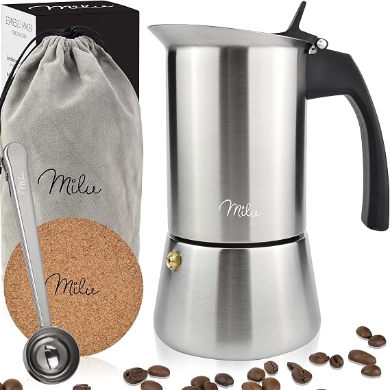 Milu Espresso Maker Induction Hob | 2, 4, 6, 9 Cup| stainless steel Espresso Pot, Stovetop Moka Pot, Coffee Maker, Set including coaster, spoon, brush (9 cups 450ml)