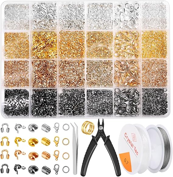 Acejoz 2165 Pcs Crimp Beads for Jewelry Making, Incliding Crimp Bead Covers, Crimp Tubes, Knot Covers, Jump Rings,Wire Guardians, Crimping Pliers, Elastic String for Bracelets Necklaces Making
