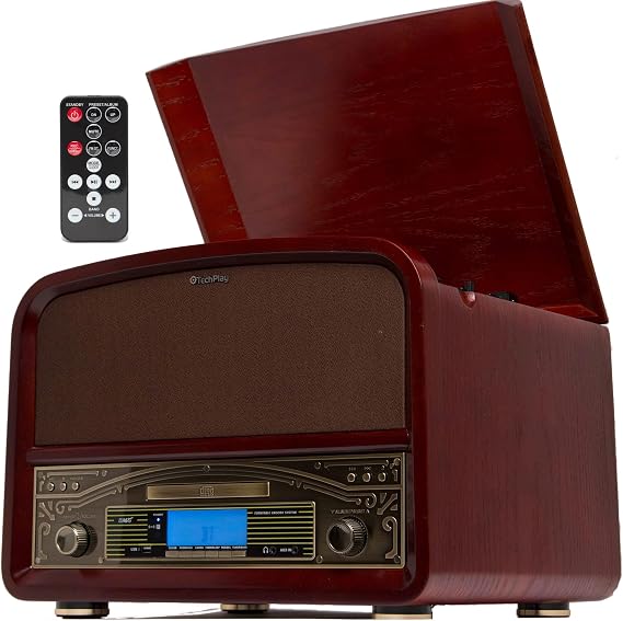 TechPlay TCP9560BT CH, Bluetooth 20W Retro Wooden 3 Speed Turntable with CD Player, AM/FM Radio, USB Recording & Playback with Remote Control Cherry Wood Color