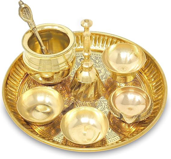 BENGALEN Brass Pooja Thali Set Small 6 Inch Puja Thali with Pital Plate Chandan Wati Kalash Kuber Diya Ghanti Palli Arti Thali for Diwali Home Office Mandir Wedding Return Gift Item