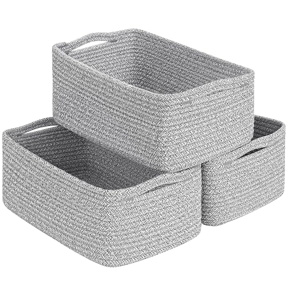 Goodpick 3-Pack Woven Storage Baskets for Closet,13 x 8 x 5 in | Woven Baskets for Closet Fit Bedroom Lving Room, Large Baskets for Gift Empty, Dog Toy Basket for Pets, White & Gray