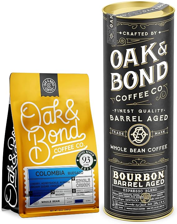 Oak & Bond Coffee Co. Colombia Single Origin and Espresso Bourbon Barrel Aged Coffee Bundle, Whole Bean Arabica - 22oz. Total