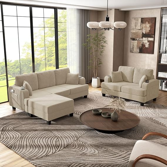HOMES: INSIDE + OUT Reese Modern 3-Piece Sofa Set with Cup Holders, USB Ports and Storage, Comfortable Couch and Square Upholstered Ottoman for Living Room, Bedroom and Office, Chenille, Beige