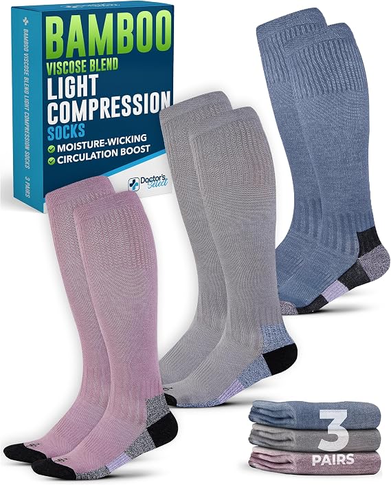 Doctor's Select Bamboo Viscose Light Compression Socks for Women & Men - 3 Pairs, 8-15 mmHg Compression Socks, Knee High