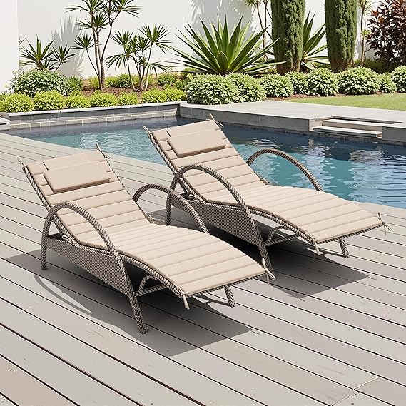 Crestlive Foldable Chaise Lounge Cushions Outdoor with Headrest, 71"x21" | 2pcs Lightweight Pool Lounge Chair Cushions, Water Resistant Lounger Cushions for Patio Furniture, Beige