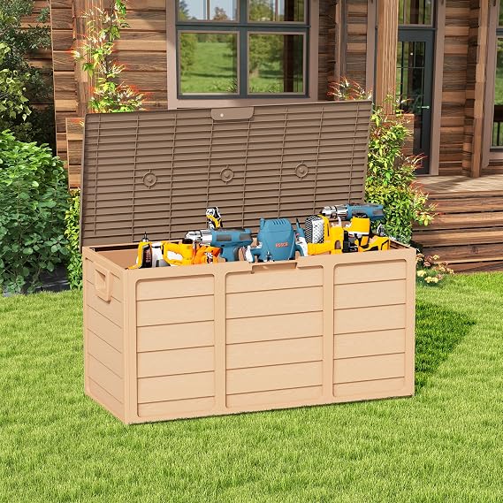75 Gallon Outdoor Deck Storage Box - Heavy Duty Resin Container with Lockable Lid & Handles for Patio, Garden, Yard - Weatherproof (Brown)