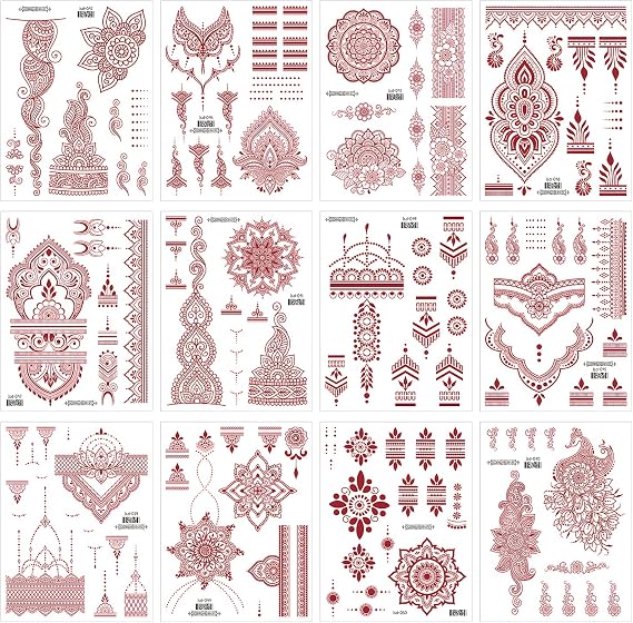12 Sheets Red Henna Tattoos - Realistic Mehndi Stickers (Set 1)