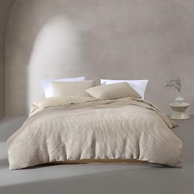 Calvin Klein - Queen Comforter Set, Soft Cotton Percale Comforter with Matching Shams, Waffle Pattern Bedding Set Microwaffle Garment Washed Beige, Queen