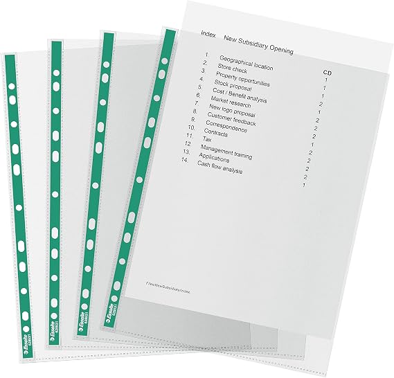 Esselte A4 Punched Pockets, 200 x Poly Pockets, 34 Micron Thickness, Embossed A4 Pockets With Punched Reinforced Green Spine, Ideal For Lever Arch Files & Ring Binders (Pack of 200), 628532