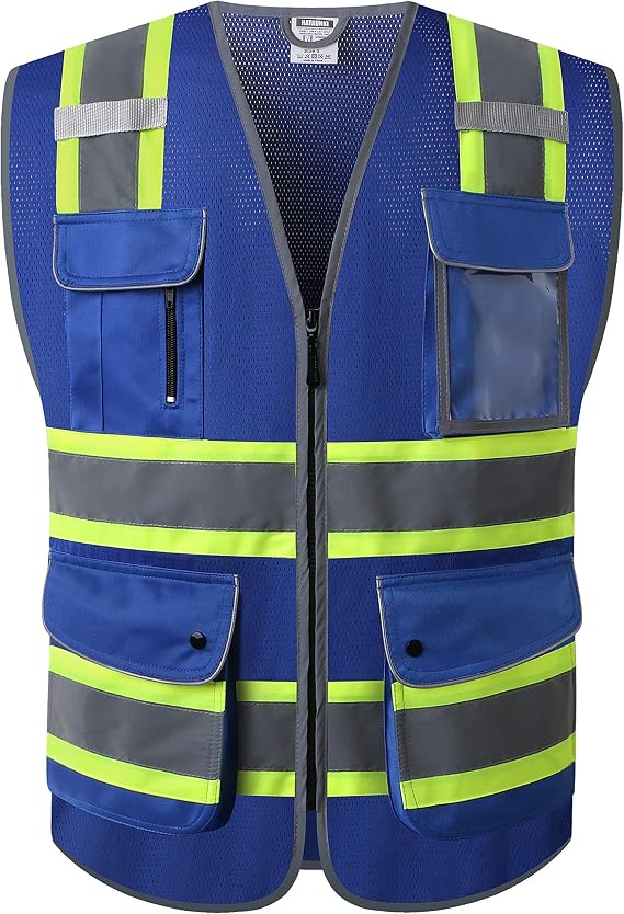 Reflective Safety Vest for Men Women Hi Vis Vest with Pockets High Visibility Vest Mesh Construction Vests Meets ANSI/ISEA 107-2015 (Blue-04, Medium)