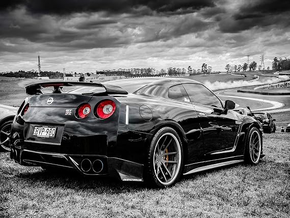 Gryposaurus Nissan Skyline GT-R R35 Black and White Car Auto Poster 18 24 Inches
