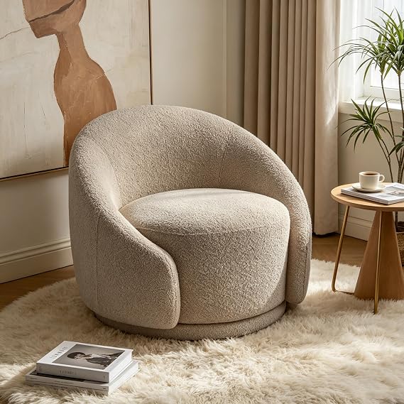 VANOMi Swivel Chairs for Living Room, 34" W Boucle Accent Chair, Camel