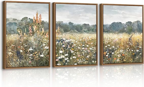 3 Pcs Vintage Wildflower Landscape Framed Canvas Wall Art Prints, Retro Fields Floral Wall Pictures Classic Nature Wilderness Farmhouse Canvas Painting Home Decor for Bedroom Living Room 30X40cmX3 Pcs