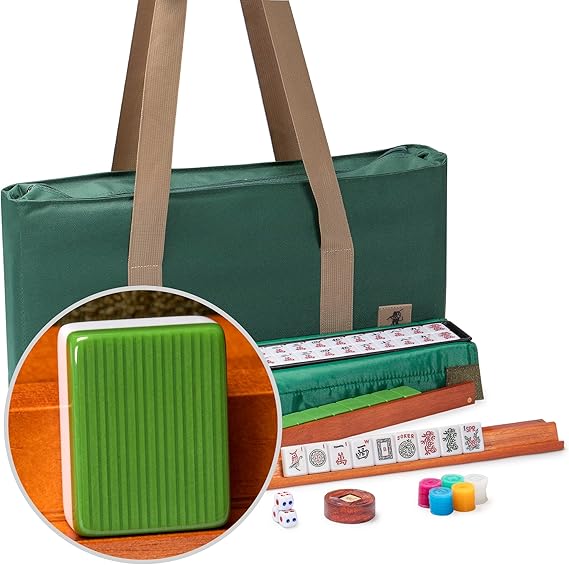 Yellow Mountain Imports American Mahjong Set, Huntington with 166 Melamine Mahjong Tiles, Mineral Green Soft Case - 4 All-in-One Racks with Pushers, Scoring Coins, Dice, and Wind Indicator