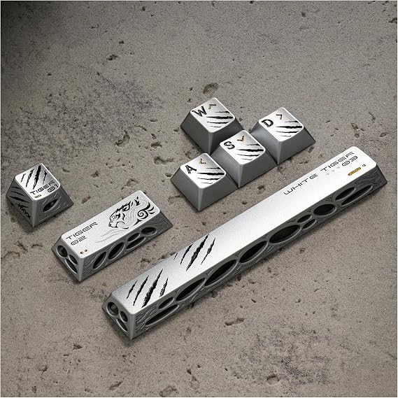 XVX Aluminum Metal Silver Keycaps, 7Keys WASD+ESC+Enter+Space Keyboard Keycap, CNC Machined Hollow-Out Design, Cherry Profile, Compatible for MX Switches Mechanical Keyboard (Holy Beasts White Tiger )