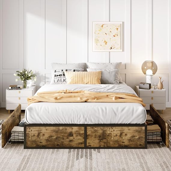 SHA CERLIN Full Platform Bed Frame with 2 Large Storage Drawers, Brown