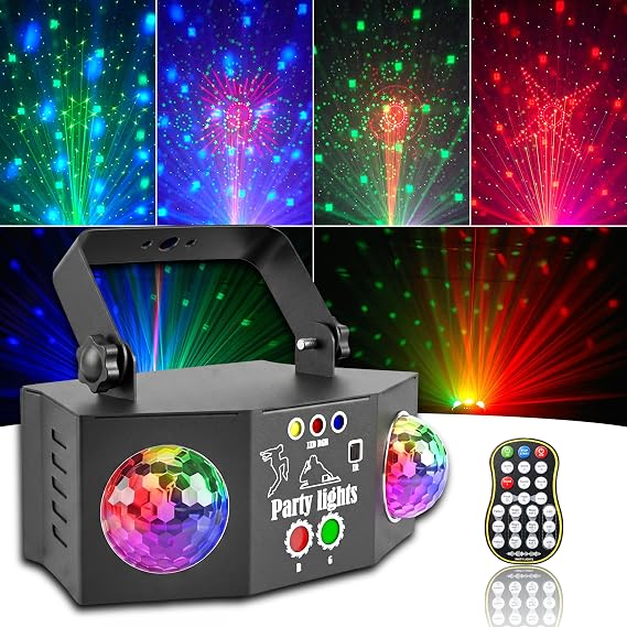 LED Disco Lights with Laser & Strobe – Sound Activated DJ Party Light with Remote, RGB Stage Lighting & Disco Ball Light for Home, Weddings, Kids Party & Dance Floor [Energy Class F]