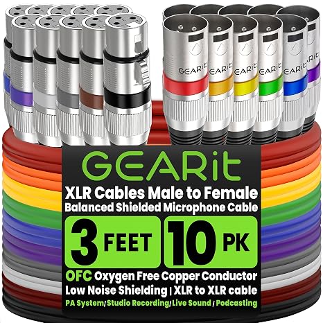 GEARit 22AWG OFC XLR Cables 3FT 10-Pack Male to Female for Audio Engineers