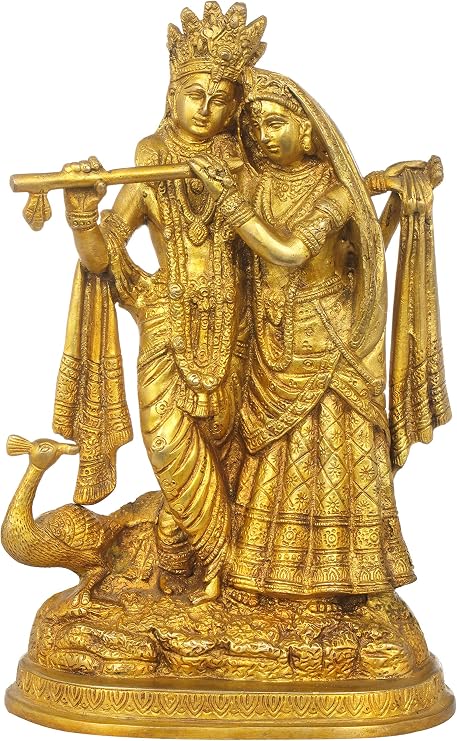 Exotic India Radha-Krishna with Peacock - Brass Statue