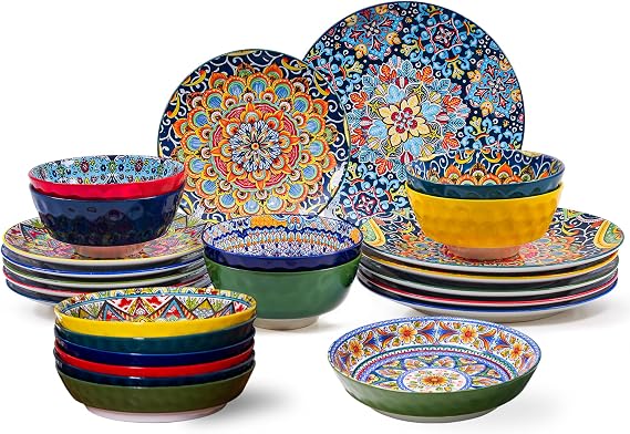 Dinner Plates set of 6, Microwave and Dishwasher Safe, Scratch Resistant, Bohemian Style Plates and Bowls Set for Salad, Pasta, Dessert,Steak, Appetizers