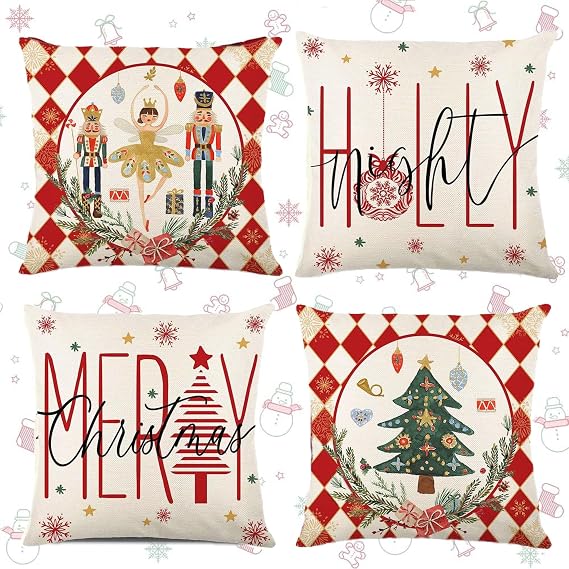 Pack of 4 Christmas Cushion Covers Decorative Cushion Covers Christmas Linen Decorative Cushion Christmas Cushion Cover Christmas Motif for Decoration Christmas Sofa Bedroom Couch