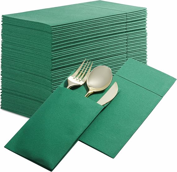 50-Pack Disposable Linen-Feel Dinner Napkins with Built-in Flatware Pocket, GREEN Prefolded Cloth Like Paper Napkins For Christmas, Dinner, Wedding Or Party [Silverware NOT Included]