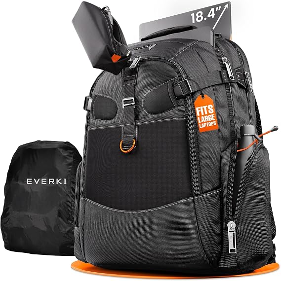 EVERKI Business 120 Laptop Backpack 40L with Rain Cover - Large Compartment Fits Up To 18.4 Travel Friendly Lightweight Business & Office Bag 180° Fold-Out Design Multiple Padded Pockets Black