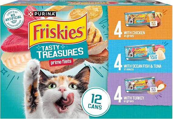 Friskies Purina Tasty Treasures Cat Food, Prime Filets Variety, (12) 5.5 oz