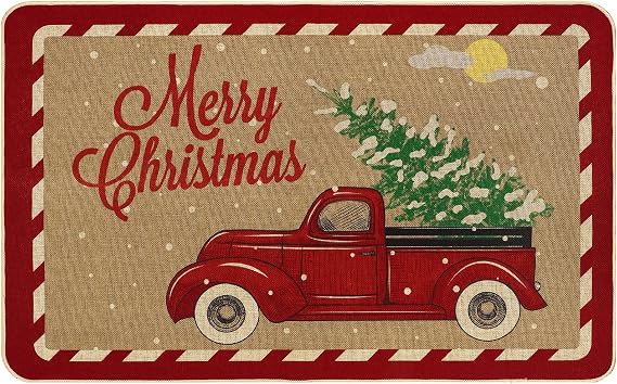 Christmas Doormats Floor Mats Doormats 31.5 x 20 Inches Anti-Slip Christmas Truck Merry Christmas Welcome Floor Mats Xmas Front Doormat for Indoor Outdoor Holiday Decorations Kitchen Laundry