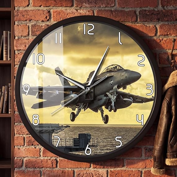 F/A-18 Super Hornet Jet Fighter Aircraft Decor Clock with Metal Frame, Military Wall Clocks Aviation Wall Clock Pilot Gifts for Men Husband Dad Air Force Veteran Man Cave Garage Office