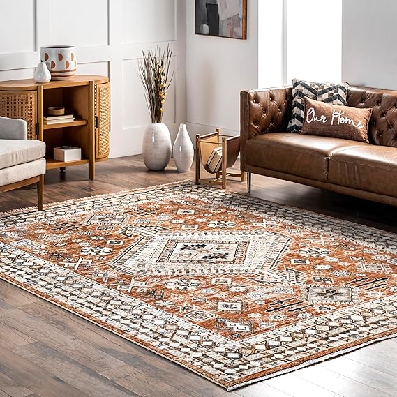 nuLOOM Fringed Performance Vanesa Rust/Ivory, 8' x 10'2", Oriental, Soft and Cozy, High Traffic, Stain Resistant, Easy Clean, Durable Area Rug for Bedroom, Living Room, Dining, Den, Entryway
