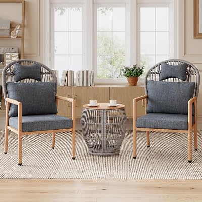 Modern Living Room Chairs, Accent Chairs Set of 2 with Coffee Table, Comfy Arm Chair with CushionsHeadrest, Reading Lounge Chair, Rattan Recliner Seating, Braid Armchair for Bedroom, Grey