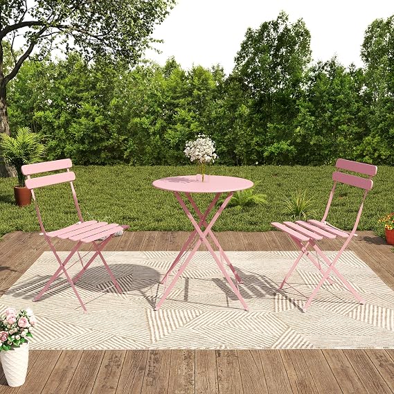 JOYBASE 3-Piece Patio Bistro Set, Steel Folding Table and Chairs for Indoor Outdoor Balcony Deck Porch Apartment (Pink)