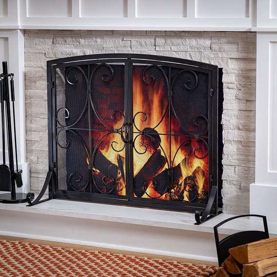 Plow & Hearth Metal Fireplace Screen Florence Black | 38" W x 31" H | Dual Magnetic Hinged Doors | Spark Guard Cover | Stand Alone Wrought Iron Panel Fire Place Cover