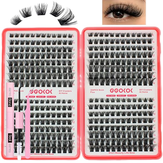 Lash Clusters Wispy 384pcs Eyelash Clusters 8-16mm Cluster Eyelash Extensions Natural Volume Lash Bond and Seal Tweezer DIY Individual Lashes Clusters with Soft Thin Band(D04-Plus-Kit)
