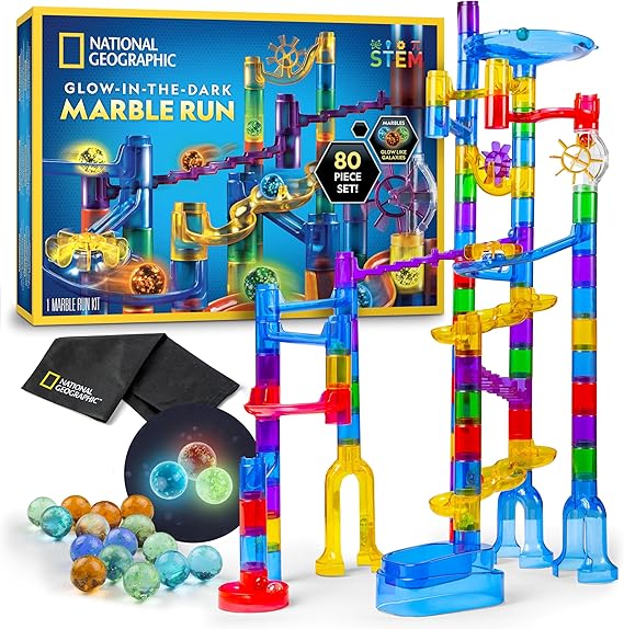 NATIONAL GEOGRAPHIC Glowing Marble Run – 80-Piece Construction Set with 15 Glow-in-the Dark Glass Marbles, Creative STEM Toys, Building Project Toy
